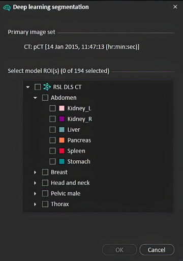 Image of drop-down selection for available models in RayStation